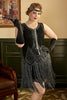 Cargar imagen en el visor de la galería, Talla Grande Vestido negro de la década de 1920 con flecos