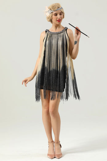 Vestido de cuello redondo con flecos negros de 1920