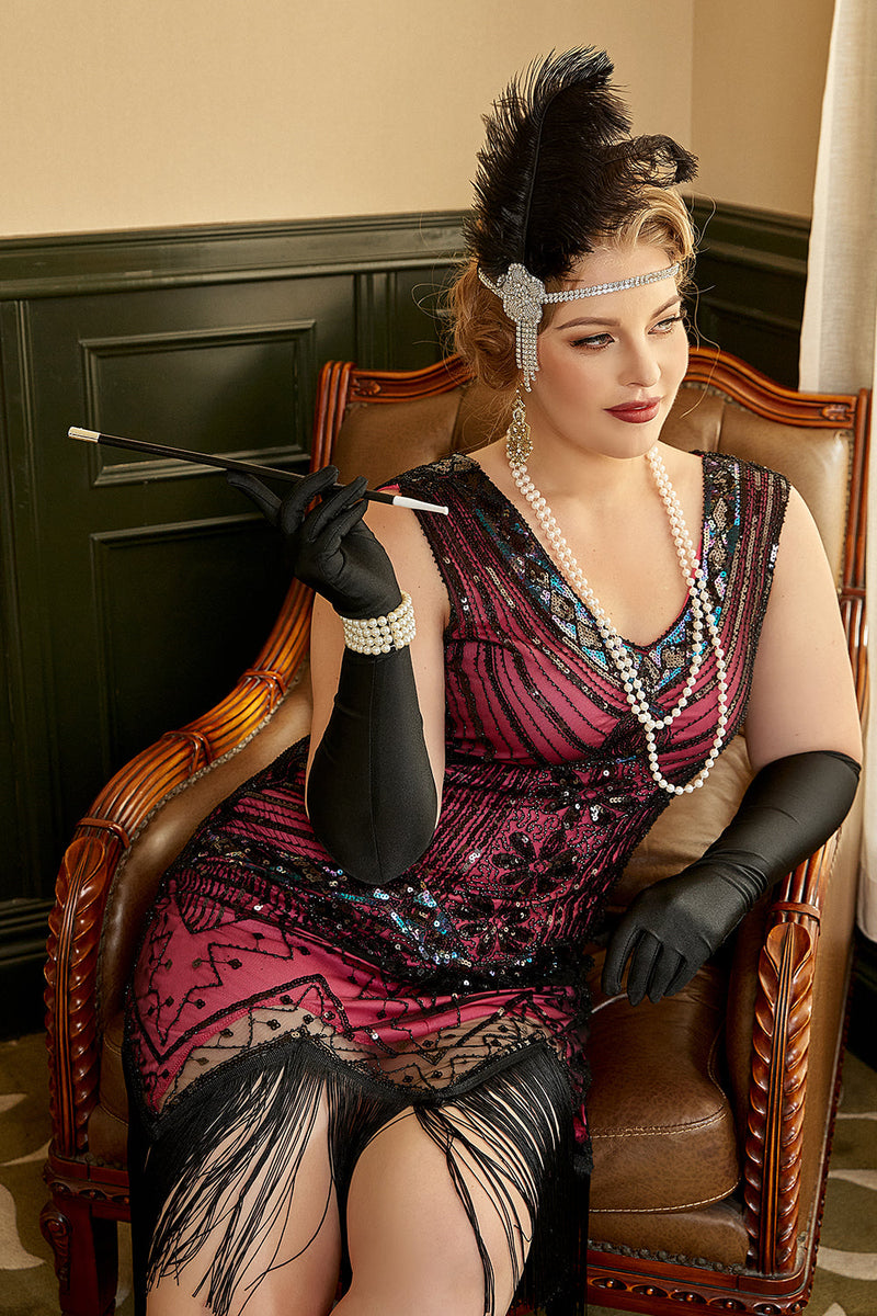 Cargar imagen en el visor de la galería, Talla grande Fucsia Lentejuelas 1920s Vestido Flapper