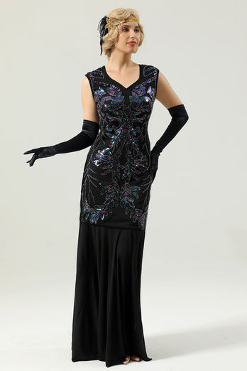 Lentejuelas largas negras 1920s Vestido de fiesta