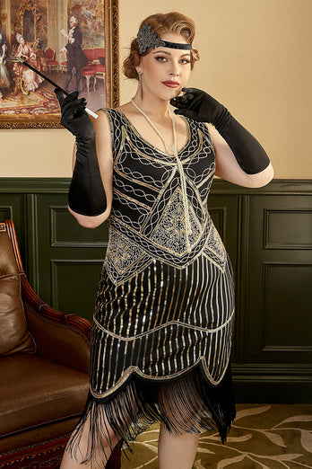 Lentejuelas Negro Talla Grande Vestido de 1920s Flapper con Flecos