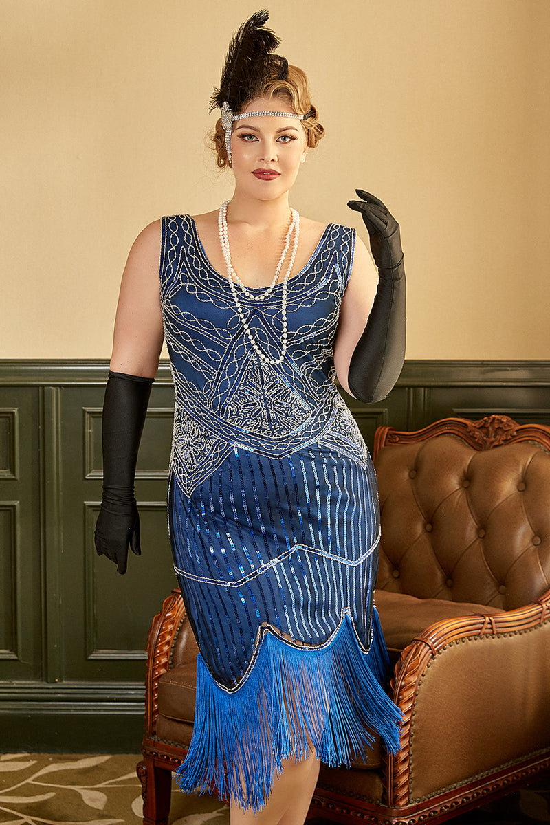 Cargar imagen en el visor de la galería, Royal Azul Talla Grande Vestido de la década de 1920 con flecos