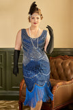 Royal Azul Talla Grande Vestido de la década de 1920 con flecos