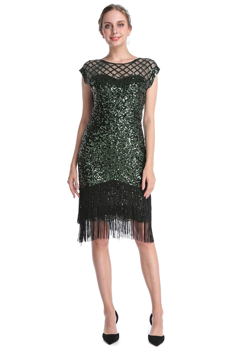 Cargar imagen en el visor de la galería, Vestido de lentejuelas verde oscuro de la década de 1920
