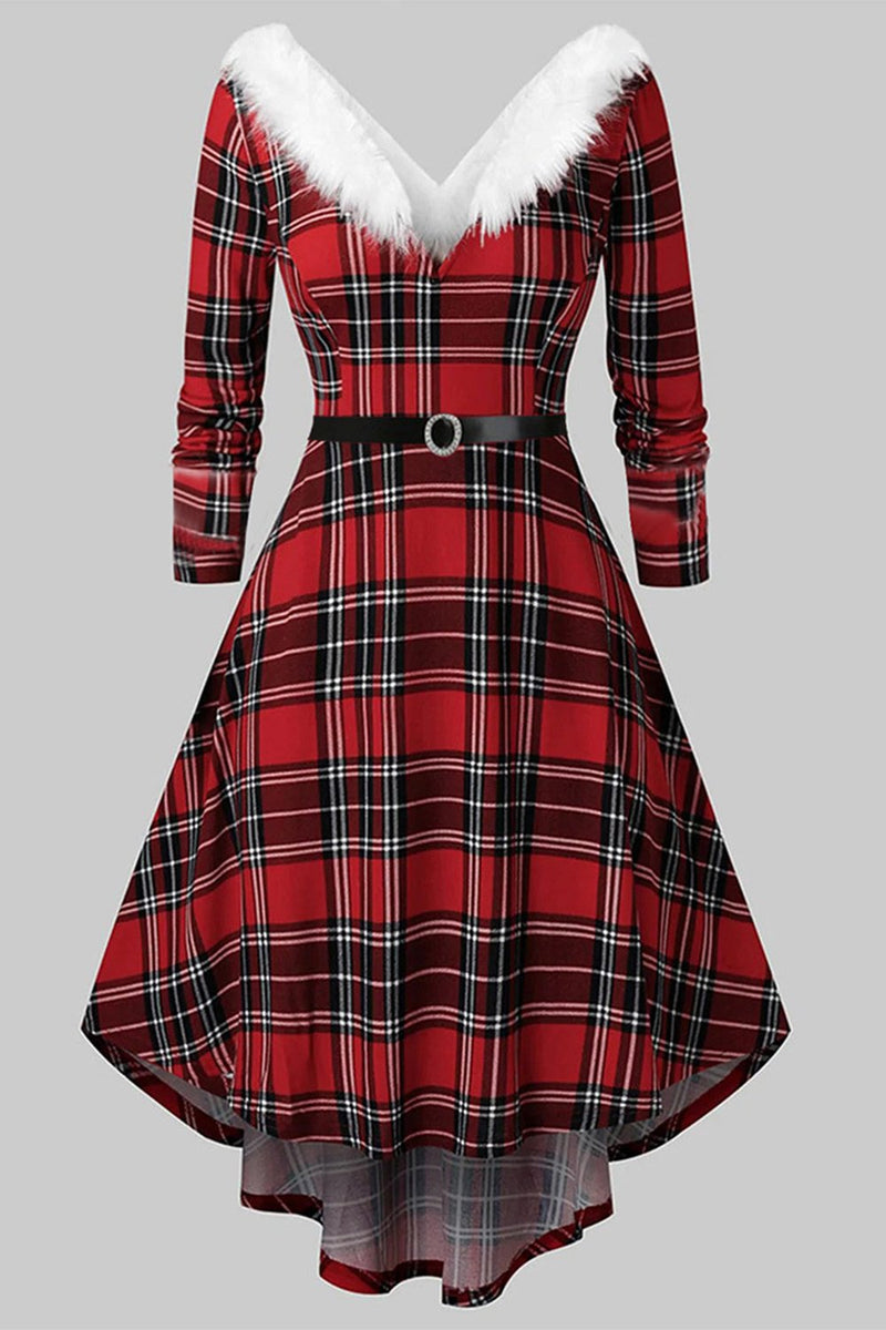 Cargar imagen en el visor de la galería, V Cuello Manga Larga Vestido de Navidad a cuadros
