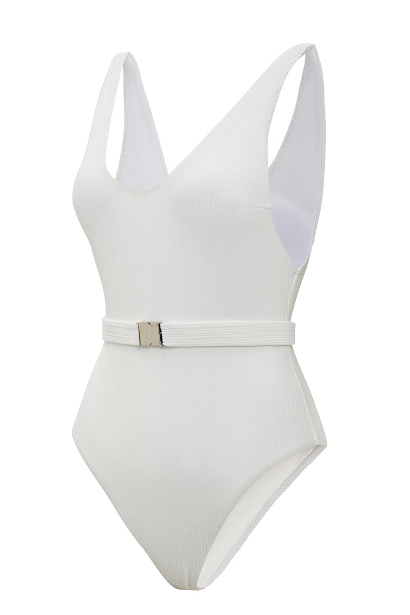 Cargar imagen en el visor de la galería, Traje de baño blanco de una pieza con cuello en V