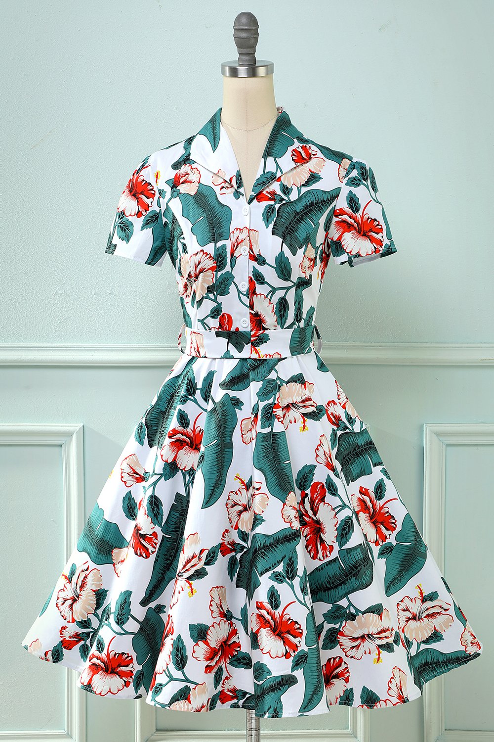 Retro V hoja de cuello impreso vestido vintage