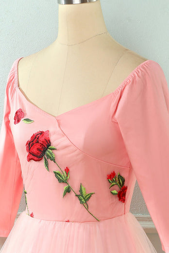 Vestido vintage de malla de encaje rosa bordado