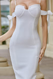 Vestido blanco midi bodycon party con correas de perla