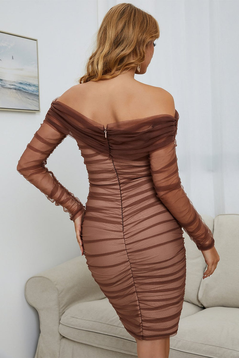 Cargar imagen en el visor de la galería, Vestido de cóctel marrón fuera del hombro