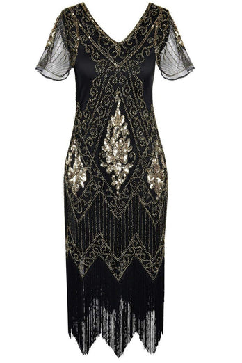 Vestido flapper negro de los años 20 con cuello en V
