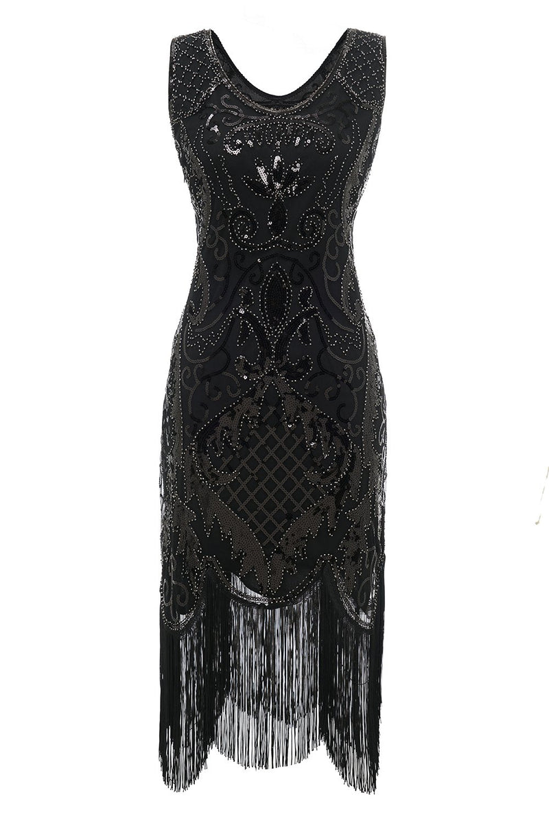 Cargar imagen en el visor de la galería, Negro cuello en V Fringe Sequins 1920s Vestido