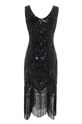 Negro cuello en V Fringe Sequins 1920s Vestido