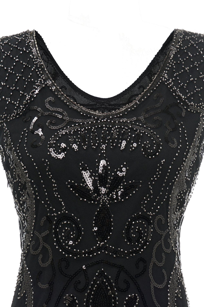 Cargar imagen en el visor de la galería, Negro cuello en V Fringe Sequins 1920s Vestido