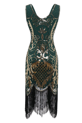 Negro cuello en V Fringe Sequins 1920s Vestido