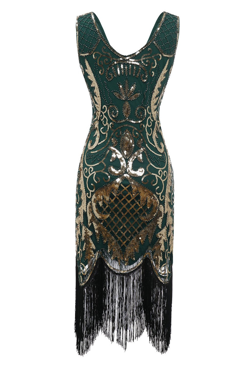 Cargar imagen en el visor de la galería, Negro cuello en V Fringe Sequins 1920s Vestido