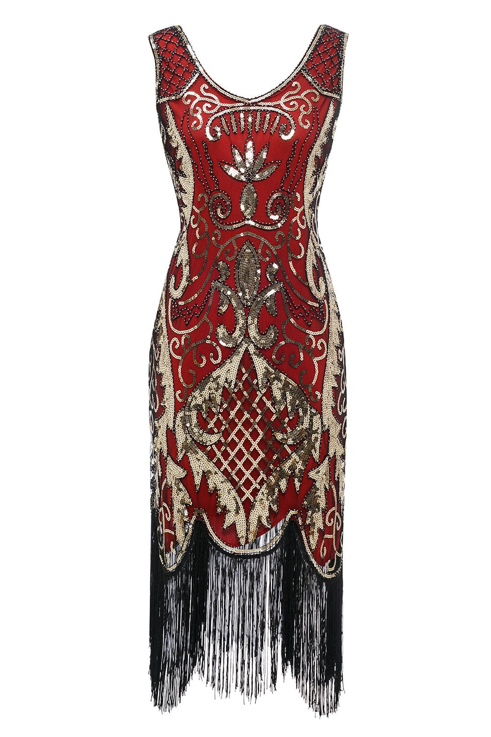 Negro cuello en V Fringe Sequins 1920s Vestido