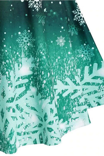 Green Christmas Snowflake Print Vestido Vintage