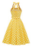 Cargar imagen en el visor de la galería, Halter Blue Polka Dots Vestido de la década de 1950