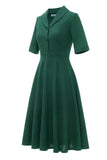 Vestido de manga corta verde oscuro Vintage de la década de 1950