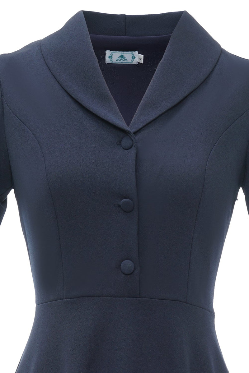 Cargar imagen en el visor de la galería, Navy Short Sleeves Button Vintage Dress