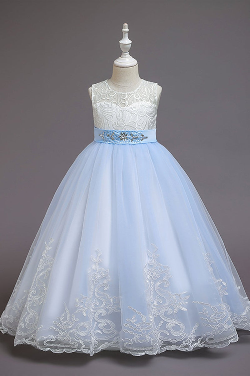 Cargar imagen en el visor de la galería, Vestido azul de niña de flores de línea A con lazos