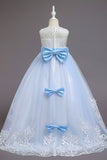 Vestido azul de niña de flores de línea A con lazos