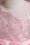 Vestido de niña de flores sin mangas bordado rosa con moño