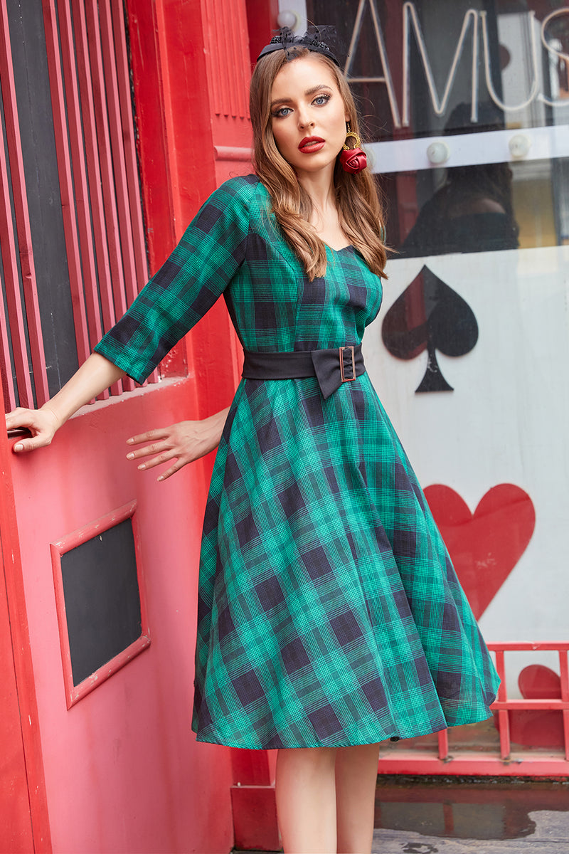 Cargar imagen en el visor de la galería, Vestido vintage a cuadros verde
