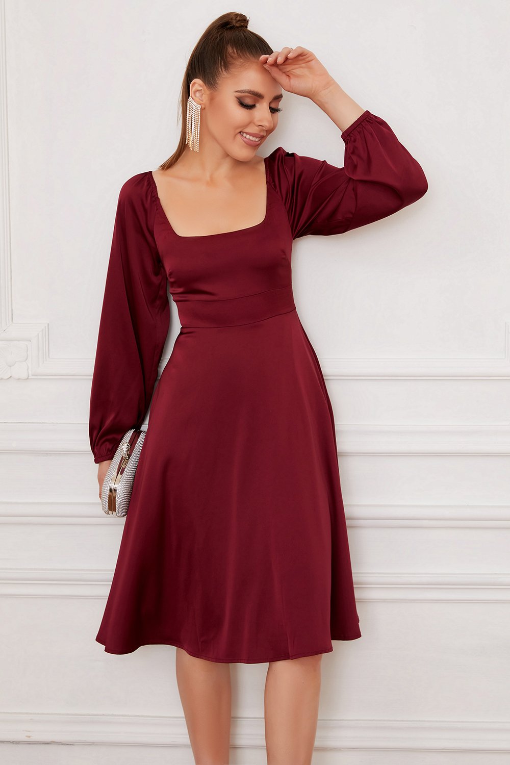 Borgoña mangas largas vestido formal de fiesta