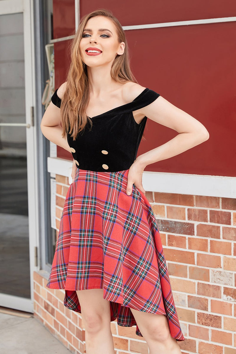 Cargar imagen en el visor de la galería, Vestido Vintage a cuadros Off Shoulder Alto-bajo