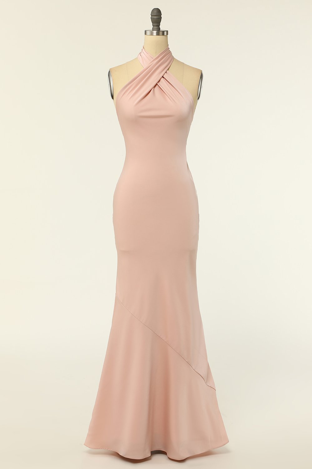 Sirena Halter Rubor Vestido largo de dama de honor con backless