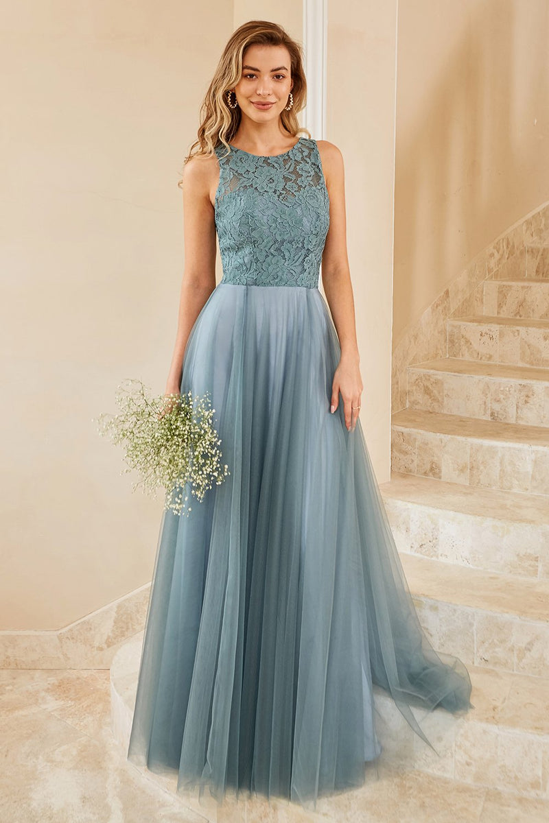 Cargar imagen en el visor de la galería, Vestido de dama de honor de tul azul gris con encaje