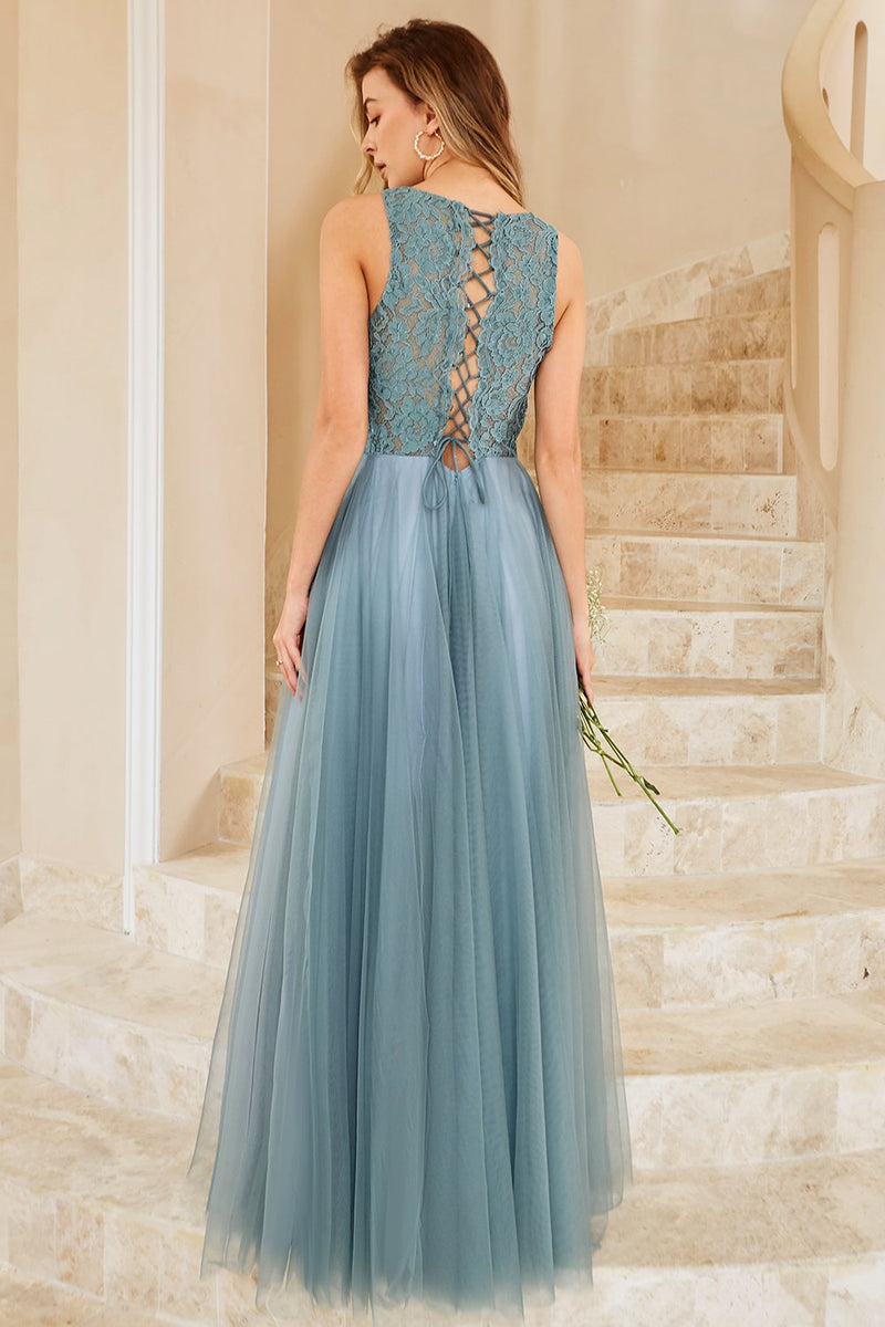 Cargar imagen en el visor de la galería, Vestido de dama de honor de tul azul gris con encaje