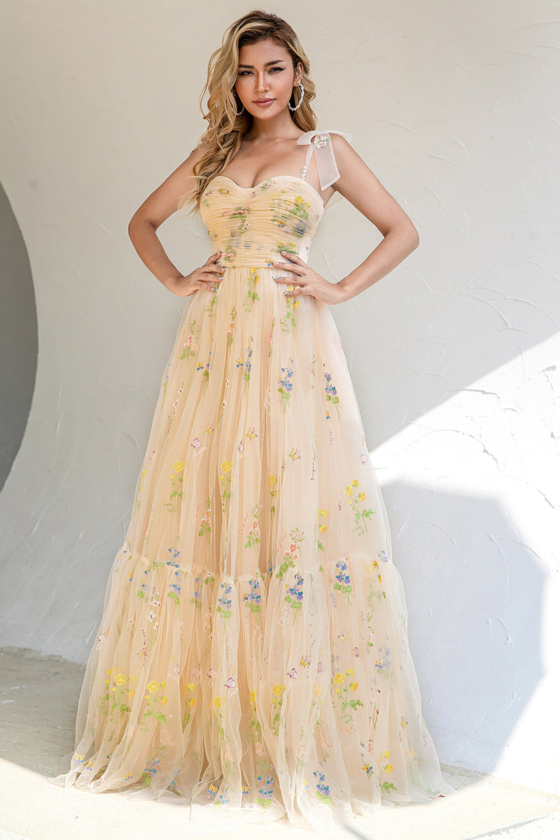 Cargar imagen en el visor de la galería, A Line Spaghetti Straps Champagne Prom Dress con Apliques
