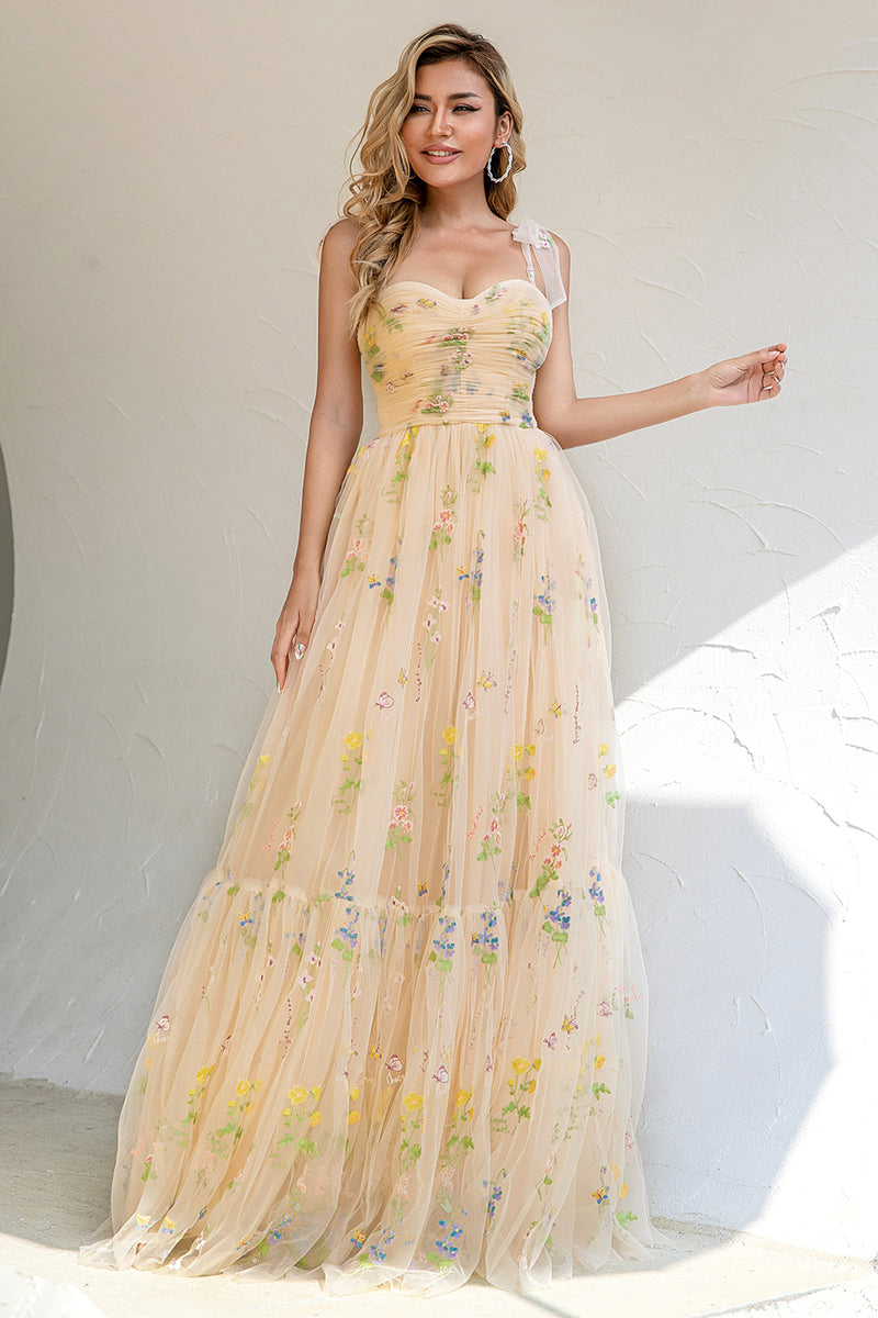 Cargar imagen en el visor de la galería, A Line Spaghetti Straps Champagne Prom Dress con Apliques