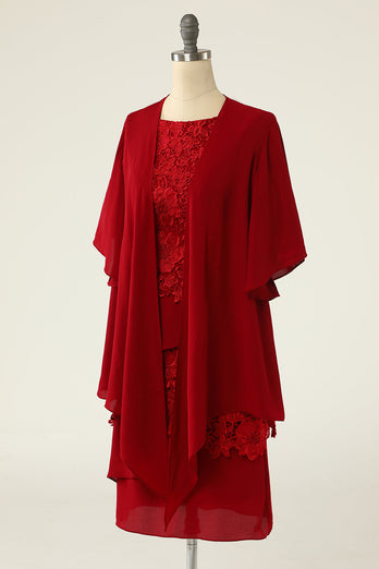 Vestido rojo oscuro de dos piezas de la madre de la novia con encaje