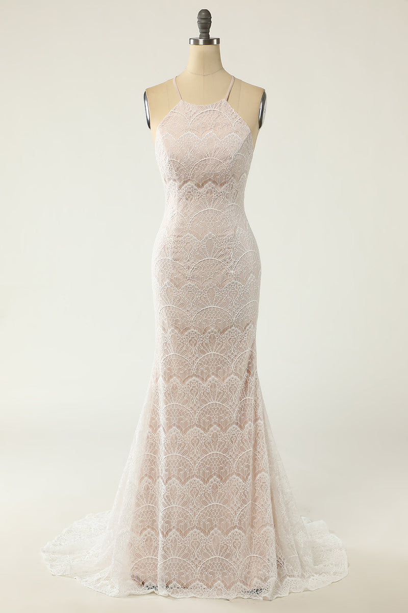 Cargar imagen en el visor de la galería, Sirena Halter Vestido de novia de encaje blanco con tren de barrido