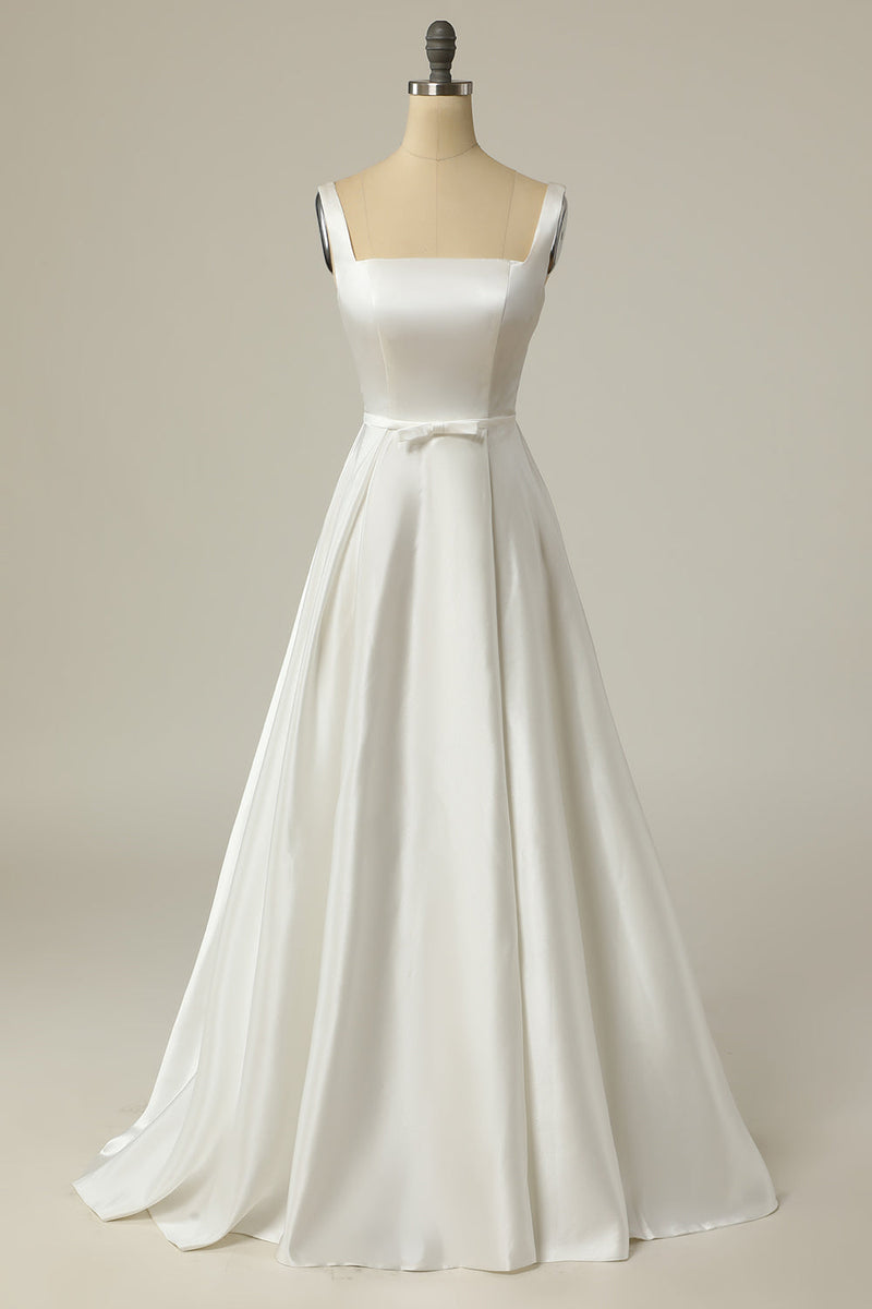 Cargar imagen en el visor de la galería, Simple A Line Square Neck White Long Wedding Dress
