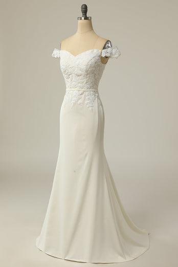 Sirena del hombro Vestido de novia blanco con apliques