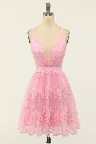 Vestido de fiesta corto con tirantes finos rosa