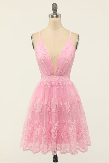 Vestido de fiesta corto con tirantes finos rosa