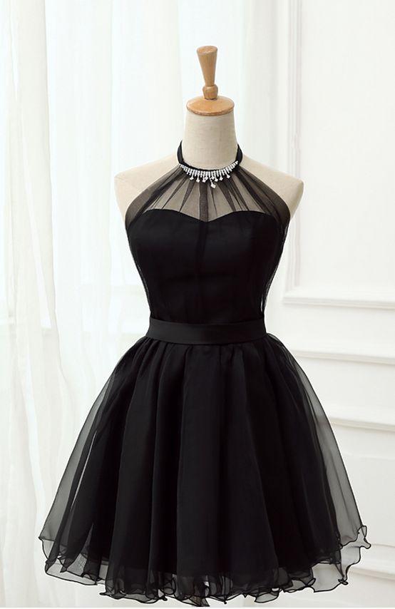 Halter Black Tulle Vestido corto de fiesta