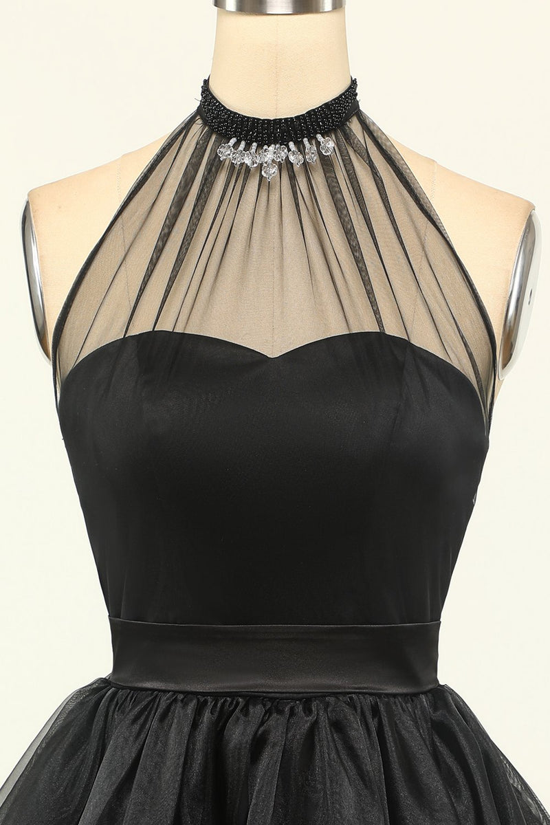 Cargar imagen en el visor de la galería, Halter Black Tulle Vestido corto de fiesta