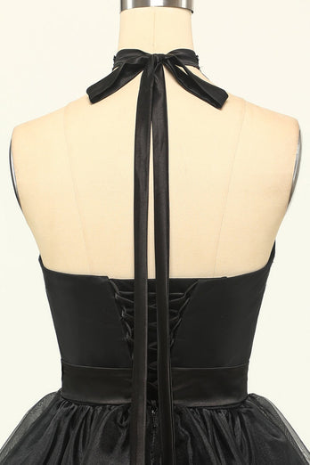 Halter Black Tulle Vestido corto de fiesta