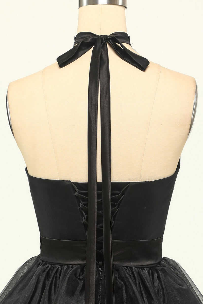 Cargar imagen en el visor de la galería, Halter Black Tulle Vestido corto de fiesta