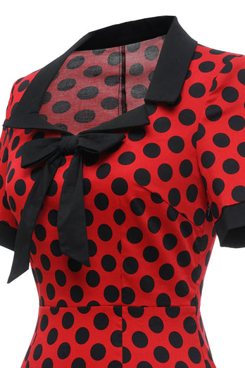 Polka Dots Red Vestido de la década de 1960 con lazo
