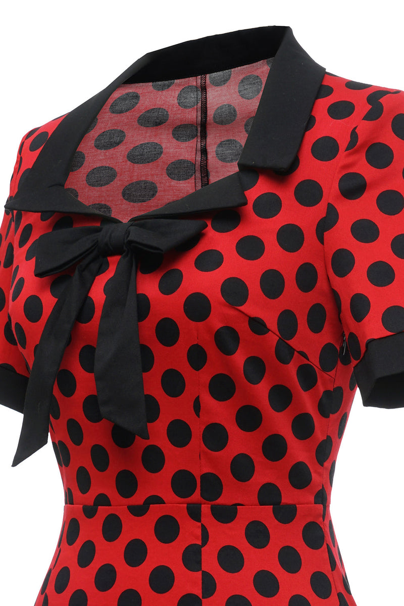 Cargar imagen en el visor de la galería, Polka Dots Red Vestido de la década de 1960 con lazo
