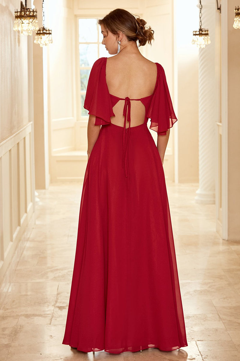Cargar imagen en el visor de la galería, Borgoña Open Back Boho Vestido de dama de honor con volantes