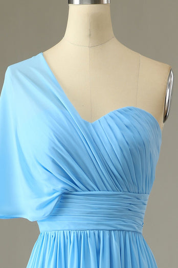 Vestido de dama de honor azul de un hombro